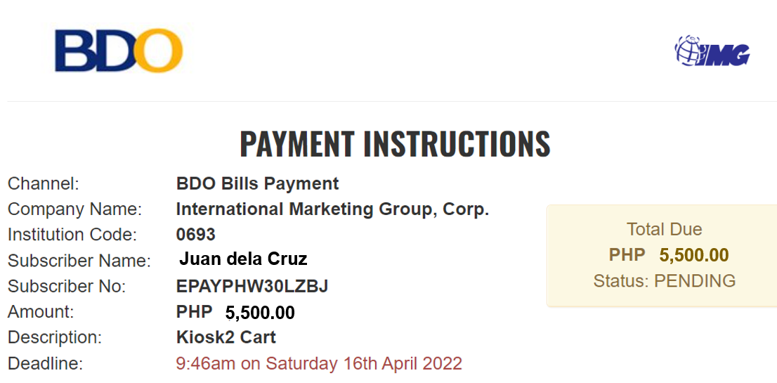 BDO Bill Payment - Payment instructions 