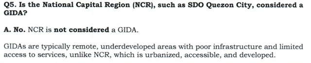 Q5. Is the National Capital Region (NCR), such as SDO Quezon City, considered a GIDA?