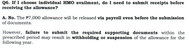 Q6. If I choose individual HMO availment, do I need to submit receipts before receiving the allowance?