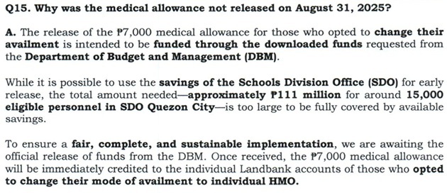 Q15. Why was the medical allowance not released on August 31, 2025?