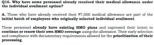 Q16. Why have some personnel already received their medical allowance under the individual availment option?