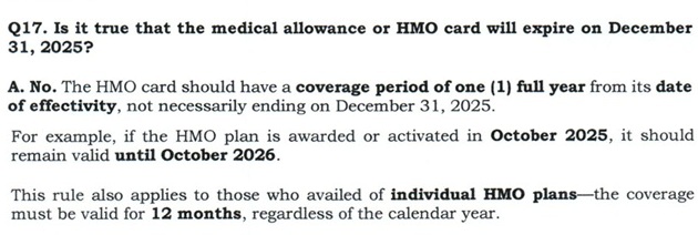 Q17. Is it true that the medical allowance or HMO card will expire on December 31, 2025?