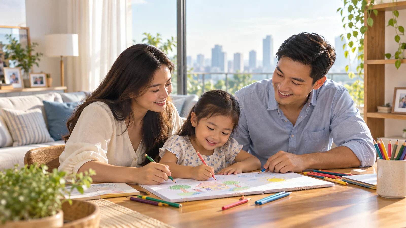 A Filipino family drawing together at home.