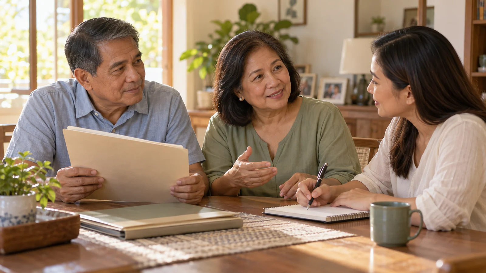 Filipino parents and their adult daughter discussing family documents at home.