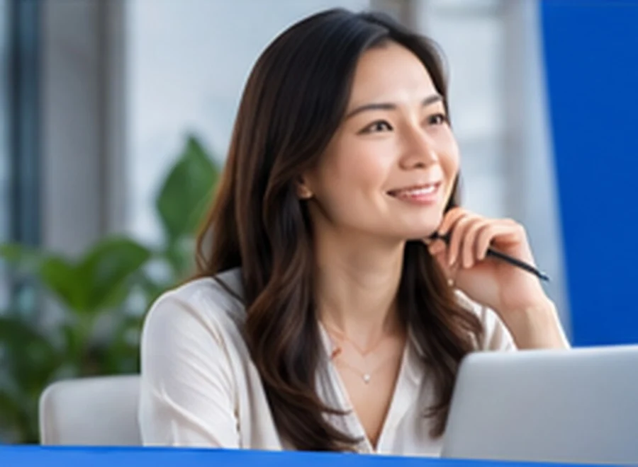 A woman seated beside a laptop.