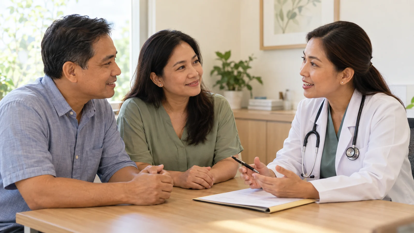 A Filipino couple speaking with a doctor about healthcare preparation.