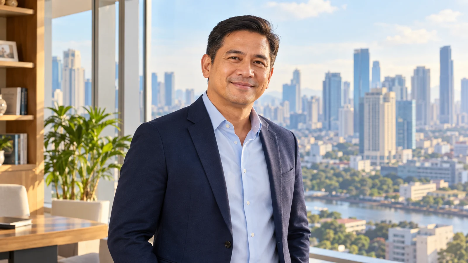 A Filipino professional overlooking the city.