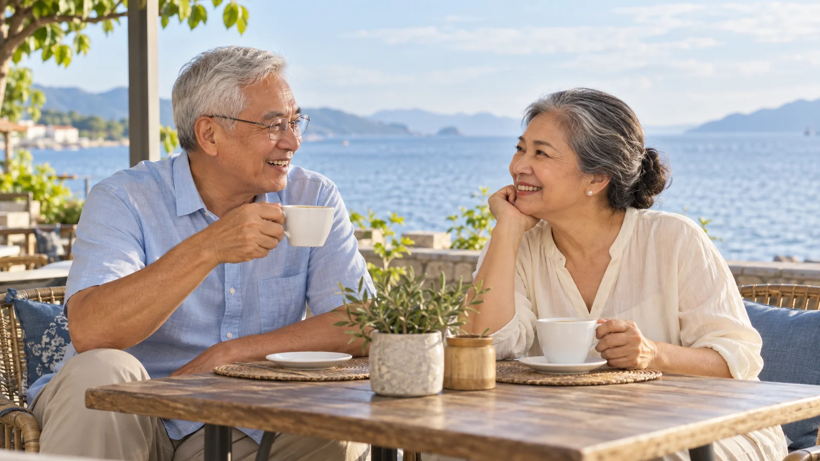 An older Filipino couple enjoying coffee by the waterfront.