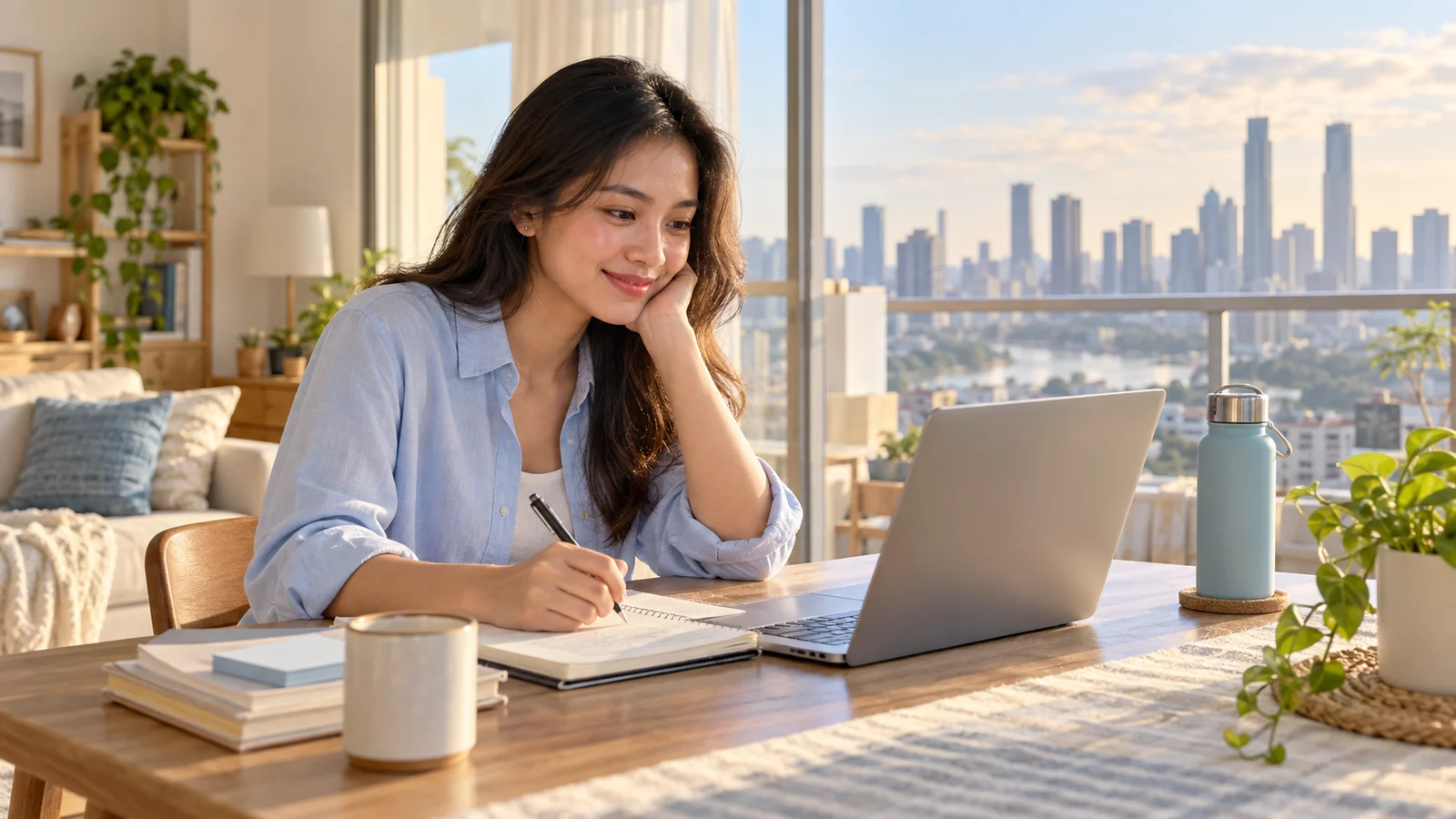 A young Filipino adult reviewing notes beside a laptop at home.