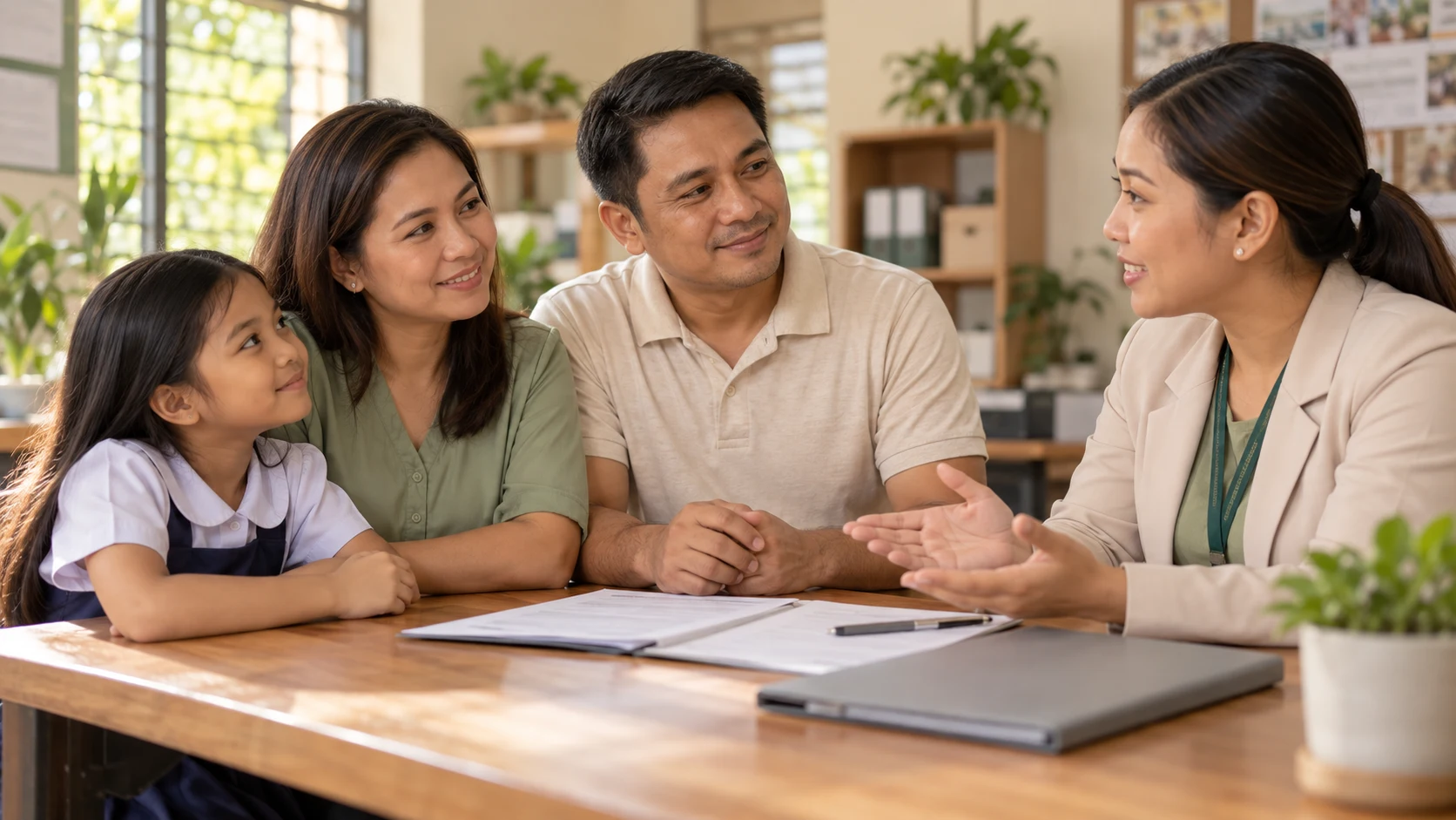 A Filipino family discussing loan preparation with an organization representative.