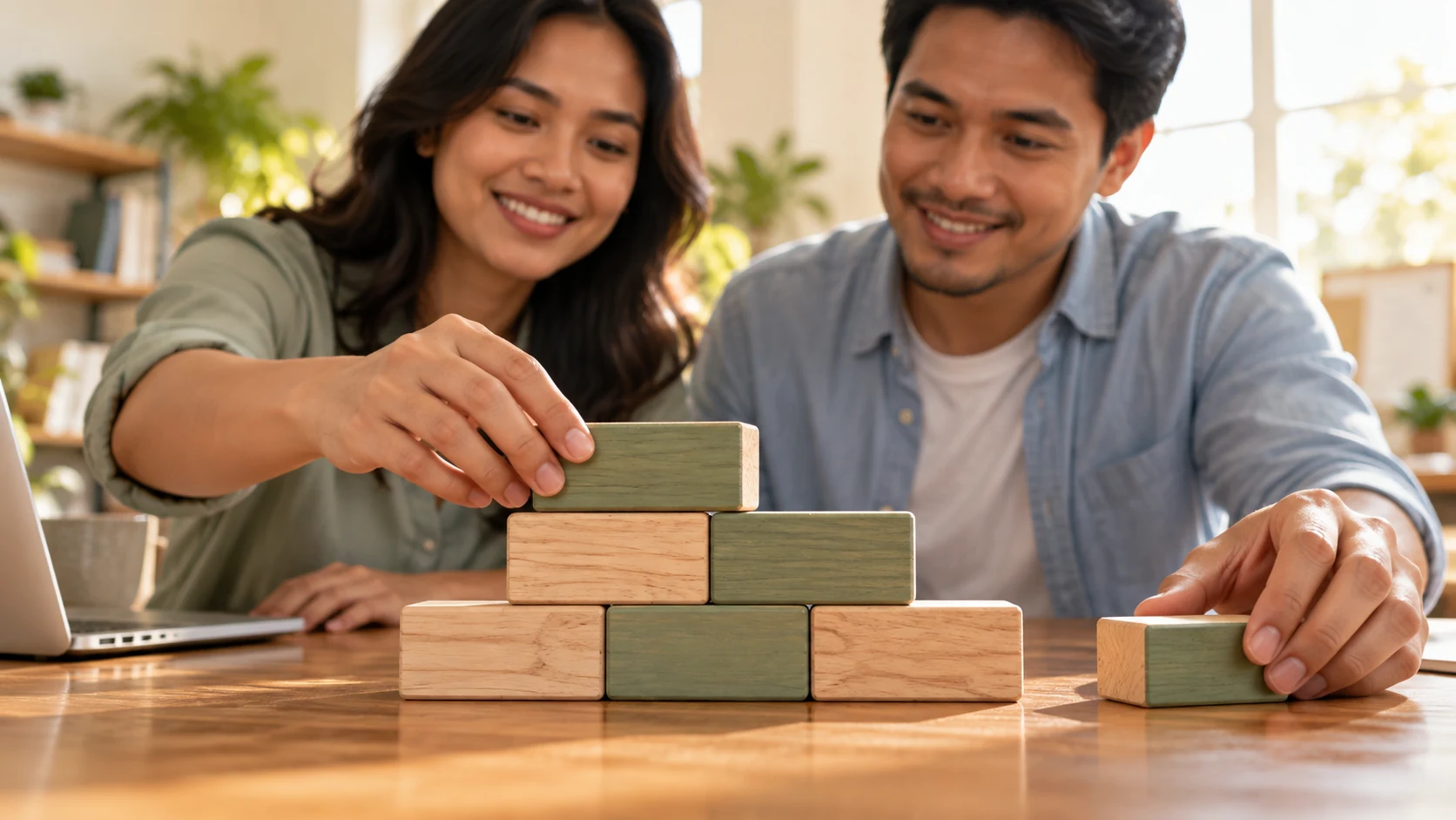 Two colleagues arrange wooden blocks to illustrate a foundation with optional additions.