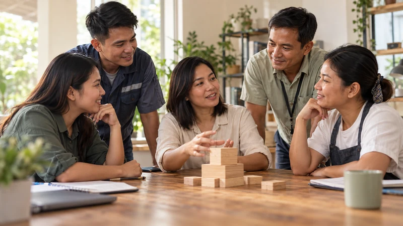 A diverse Filipino working group discussing shared preparation around a table with wooden building blocks.
