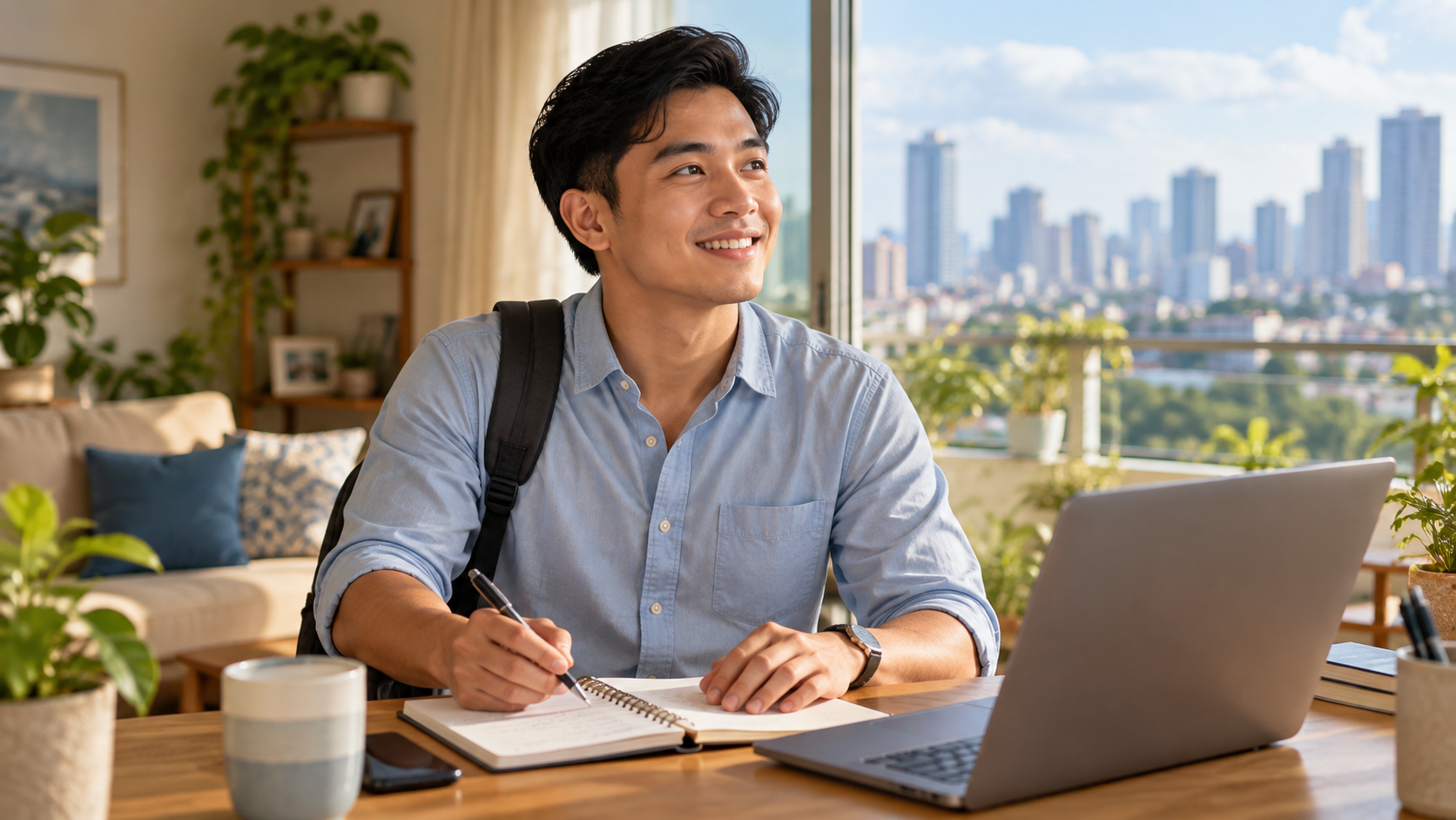 Young Filipino professional beginning adult life in a bright workspace.