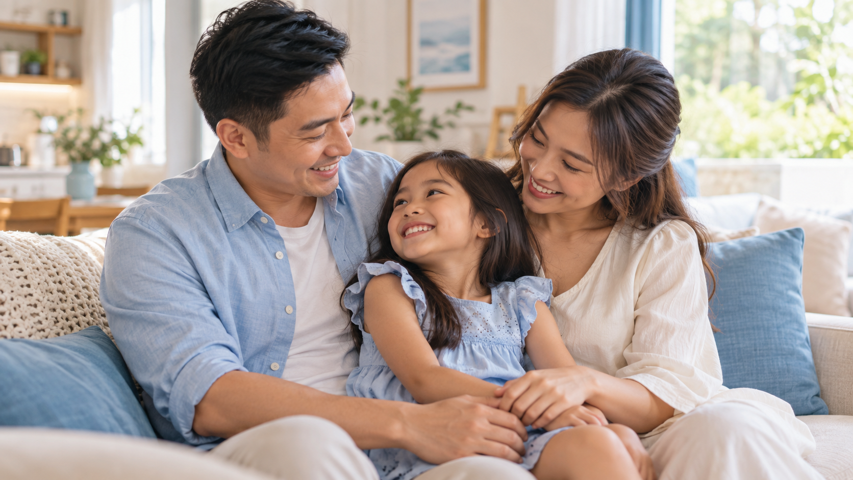 Filipino father spending time with his wife and young daughter at home.