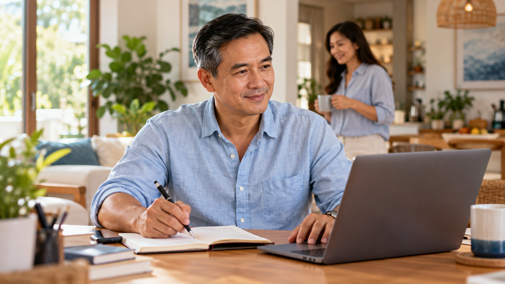 Mature Filipino professional still actively working at a home desk.