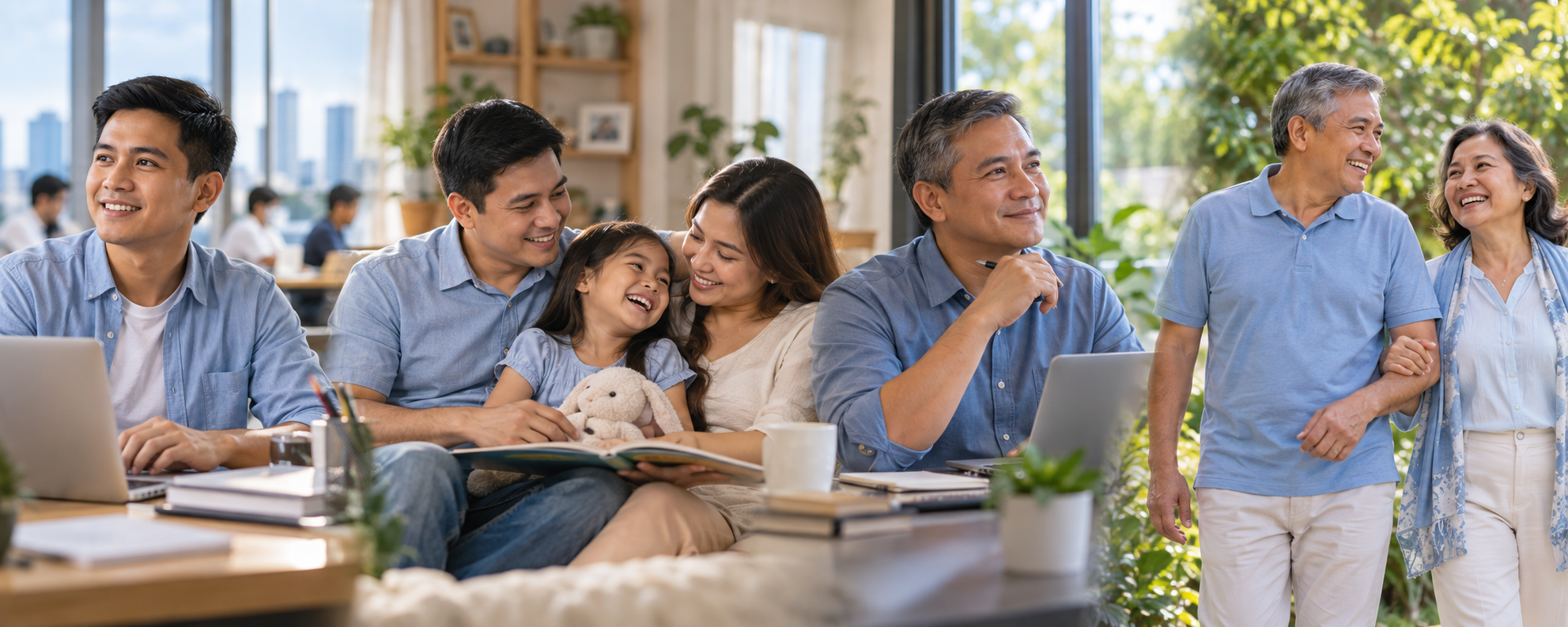 A Filipino man through four stages of life: young professional, young father, mature professional and active older adult.