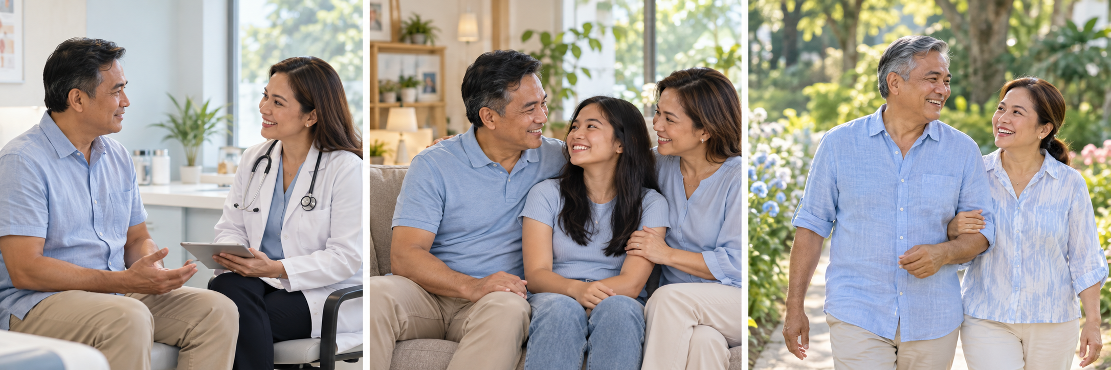 Three scenes showing a calm healthcare consultation, a family together at home, and an active older couple.