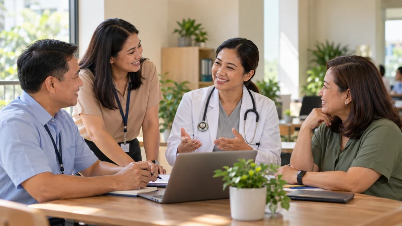 Filipino office employees speaking with a healthcare professional during a workplace wellness discussion.
