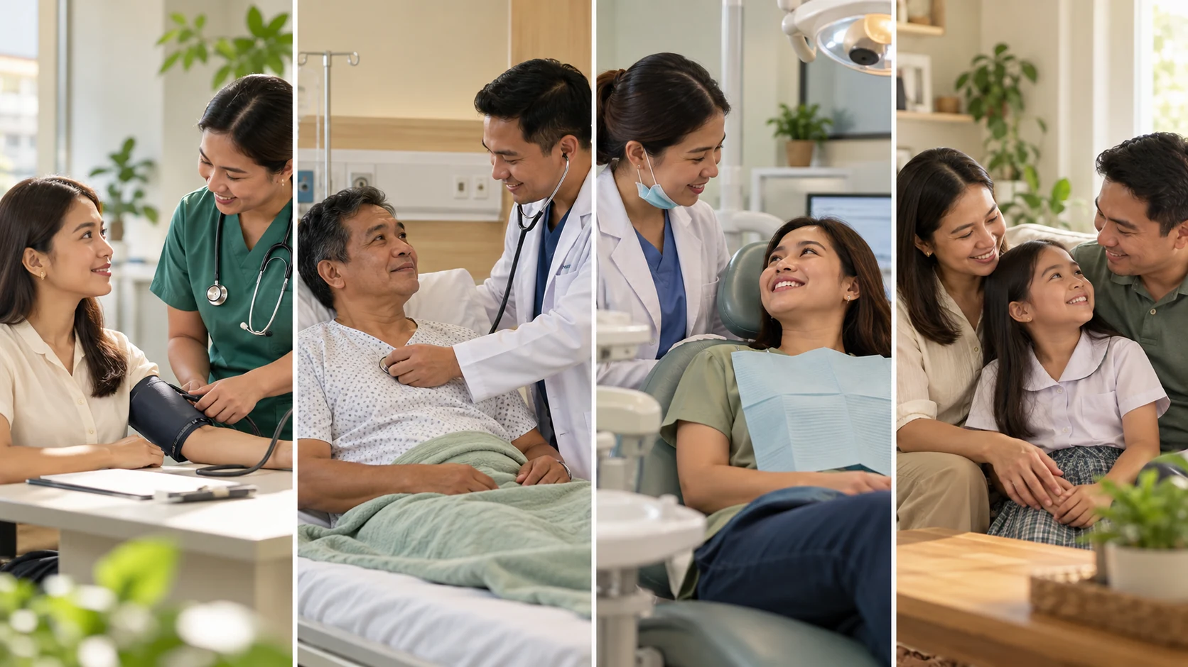 Four illustrative scenes show a preventive checkup, hospital care, dental care and a family at home.