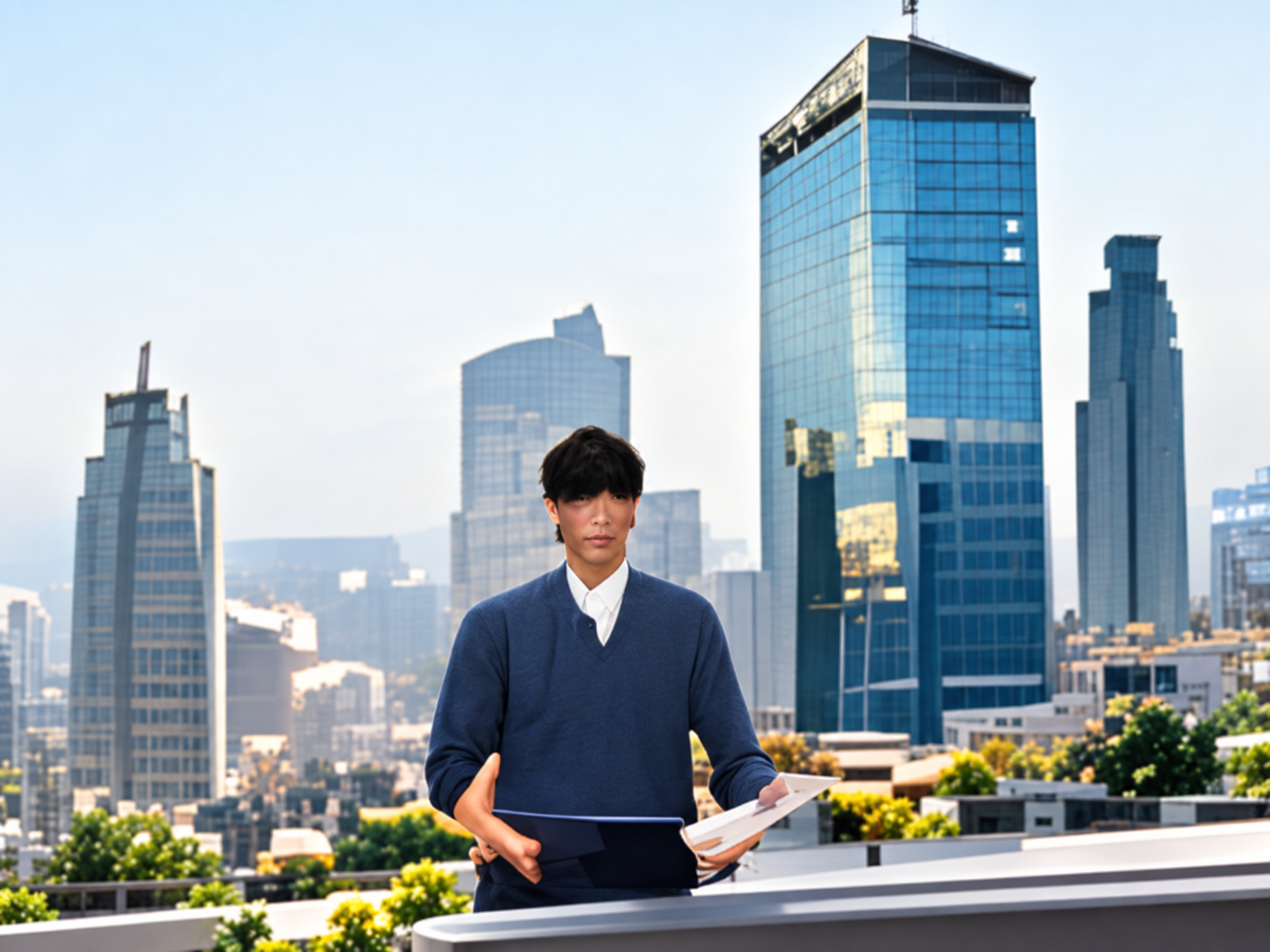 Business owner with a city skyline behind him