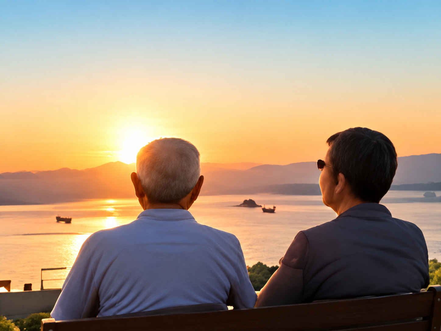 Retired couple enjoying a waterfront sunset