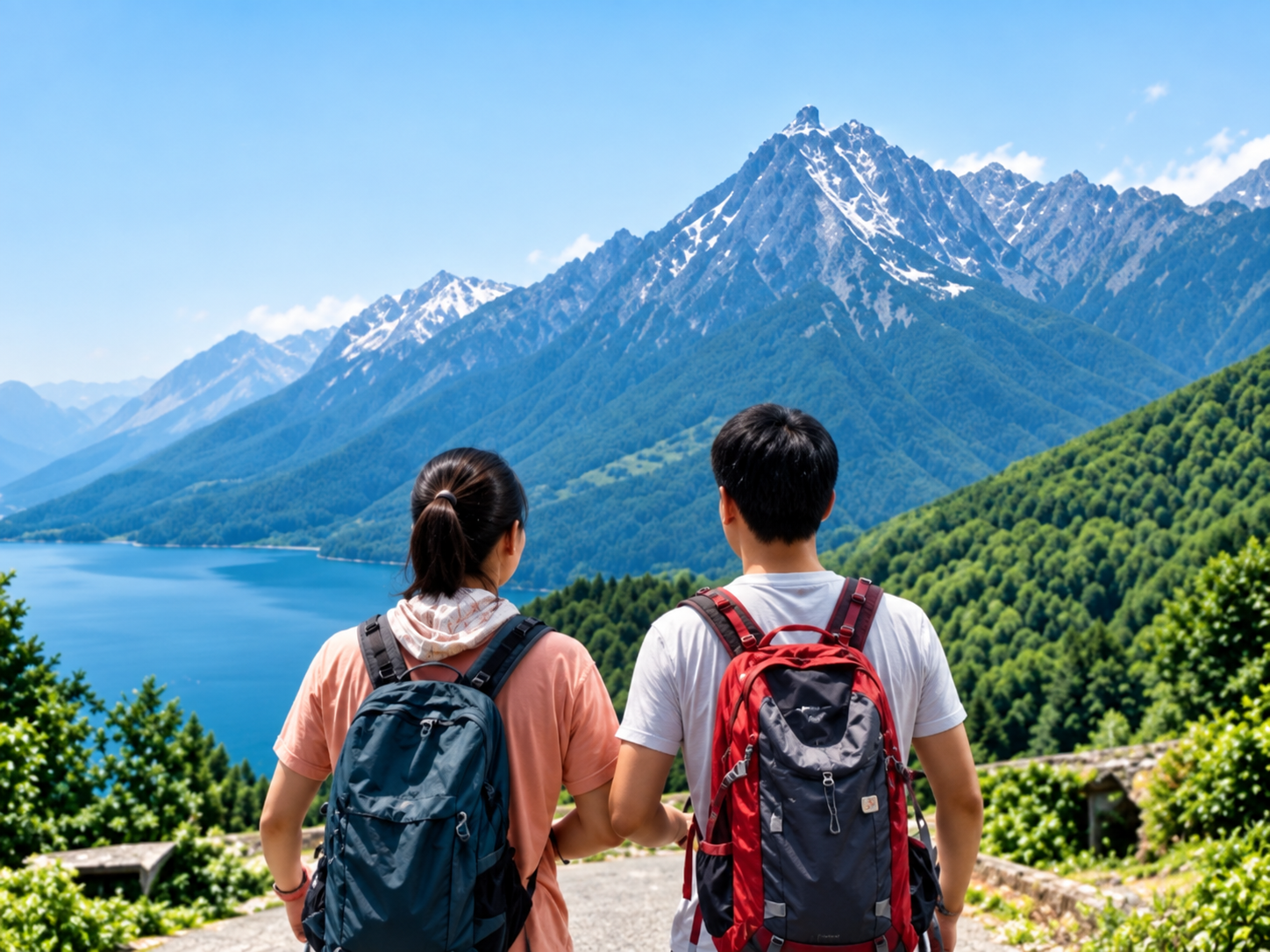 Travelers overlooking a mountain and lake